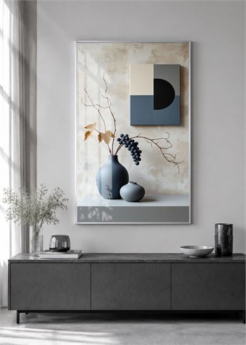 Geometrik Detaylı Siyah Vazolar Alüminyum Çerçeveli Modern Cam Duvar Tablosu