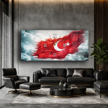 Bulutlar Arasında Dalgalanan Türk Bayrağı Saatli  Cam Tablo 079