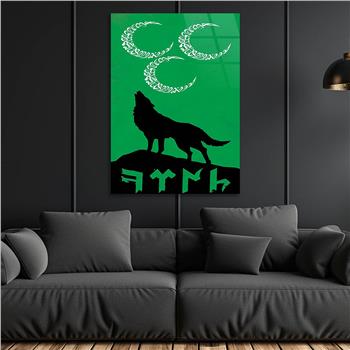 Three Crescent, Wolf, and TÜRK Inscription Glass Wall Art