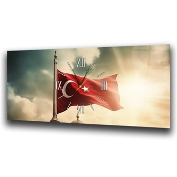 Bulutlar Arasında Dalgalanan Türk Bayrağı Saatli  Cam Tablo 080