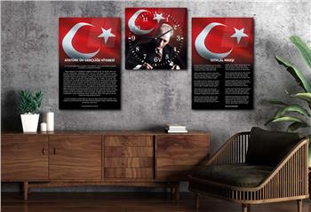 Atatürk and Independence March Glass Wall Art Set with Clock