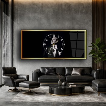 Siyah Gold Atatürk Saatli Cam Tablo
