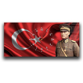 Türk Bayraklı Atatürk Saatli Cam Tablo
