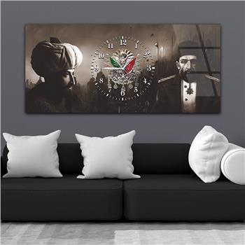 Abdulhamid Han , Fatih Sultan Mehmet Han ve Osmanlı Tuğralı Saatli Cam Tablo 075