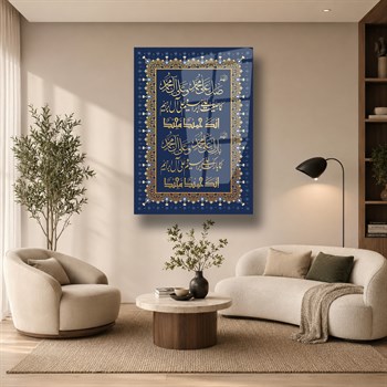 Salavat-ı Şerife Mavi Gold Hat Sanatı Cam Tablo