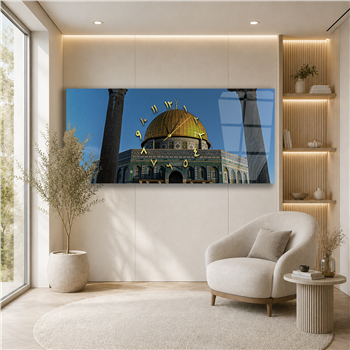 Horizontal bedrucktes Glas mit Religionenthema und einer Uhr in der Mitte 005