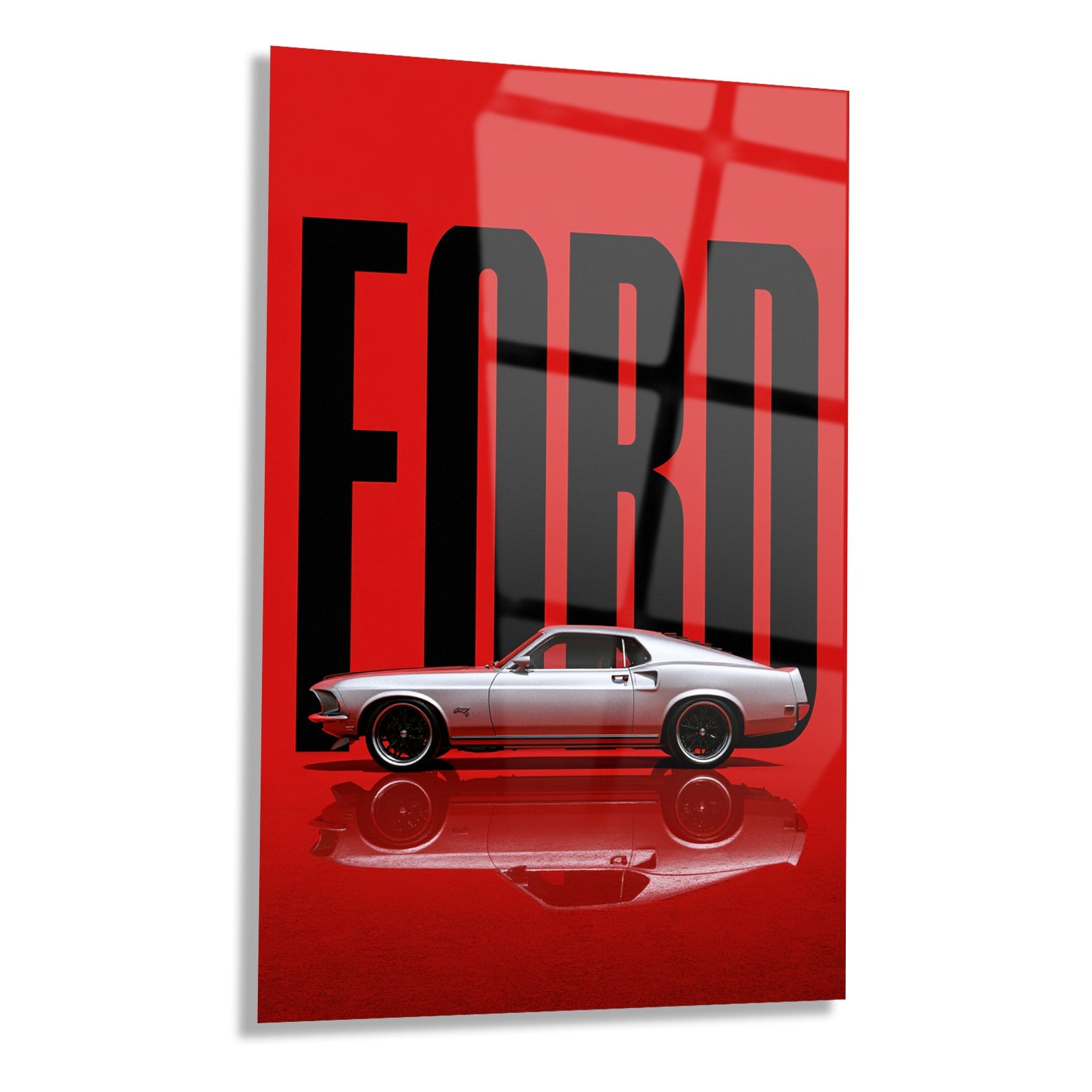 Kırmızı Zemin Klasik Ford Mustang Cam Tablo