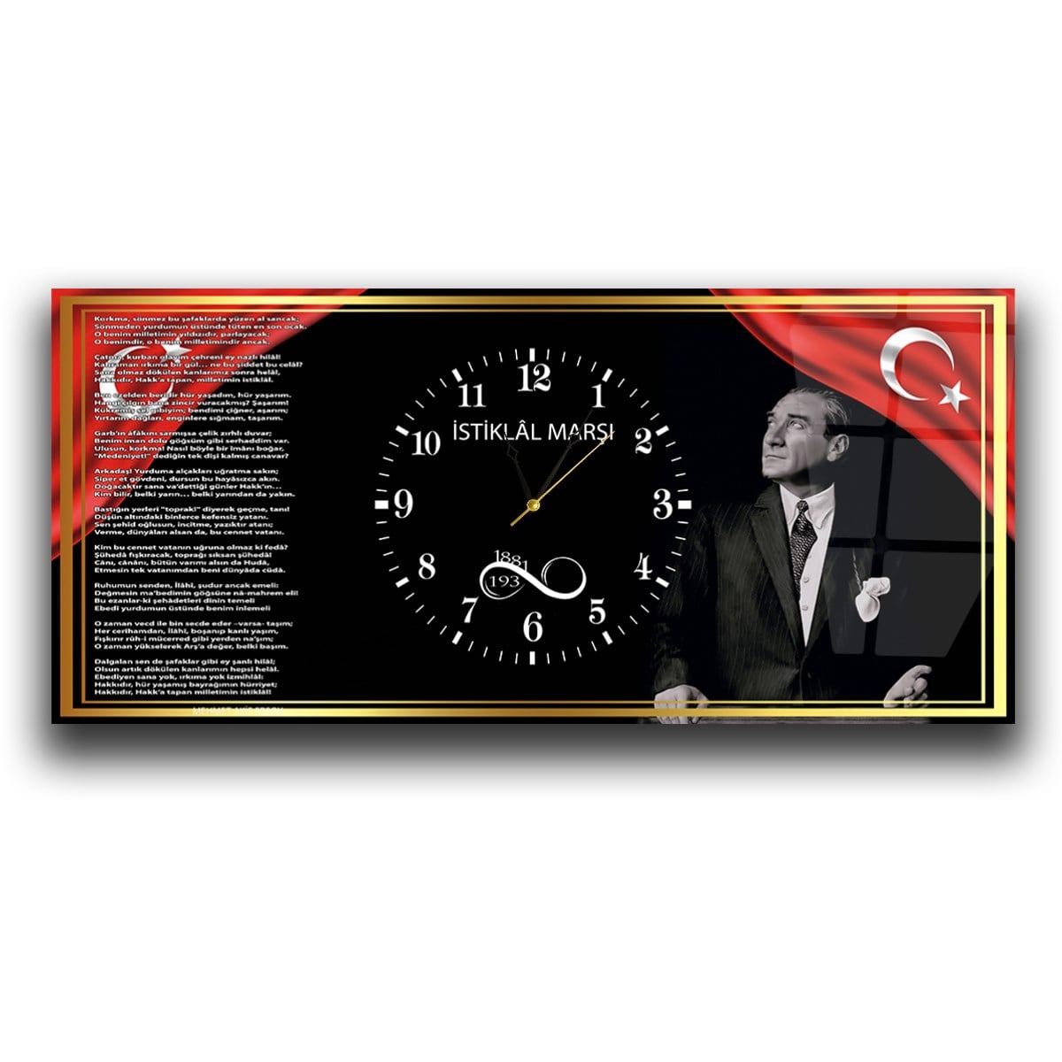 Gold Çerçeve Görselli İstiklal Marşı ve Atatürk Yatay Ortadan Saatli  Vatan Temalı Cam Tablo 044