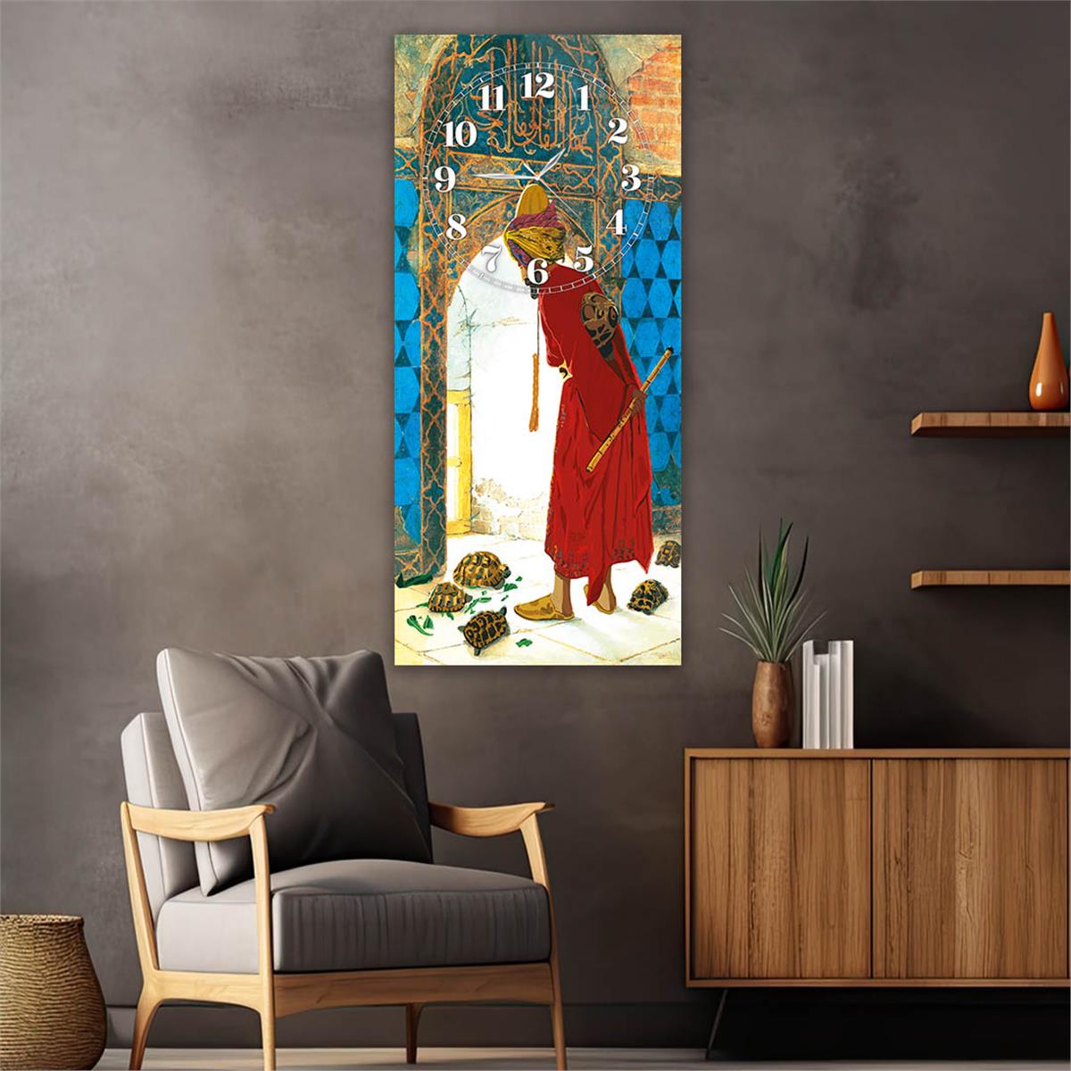Vertical Art Themed Glass Wall Art with Clock at the Top 003