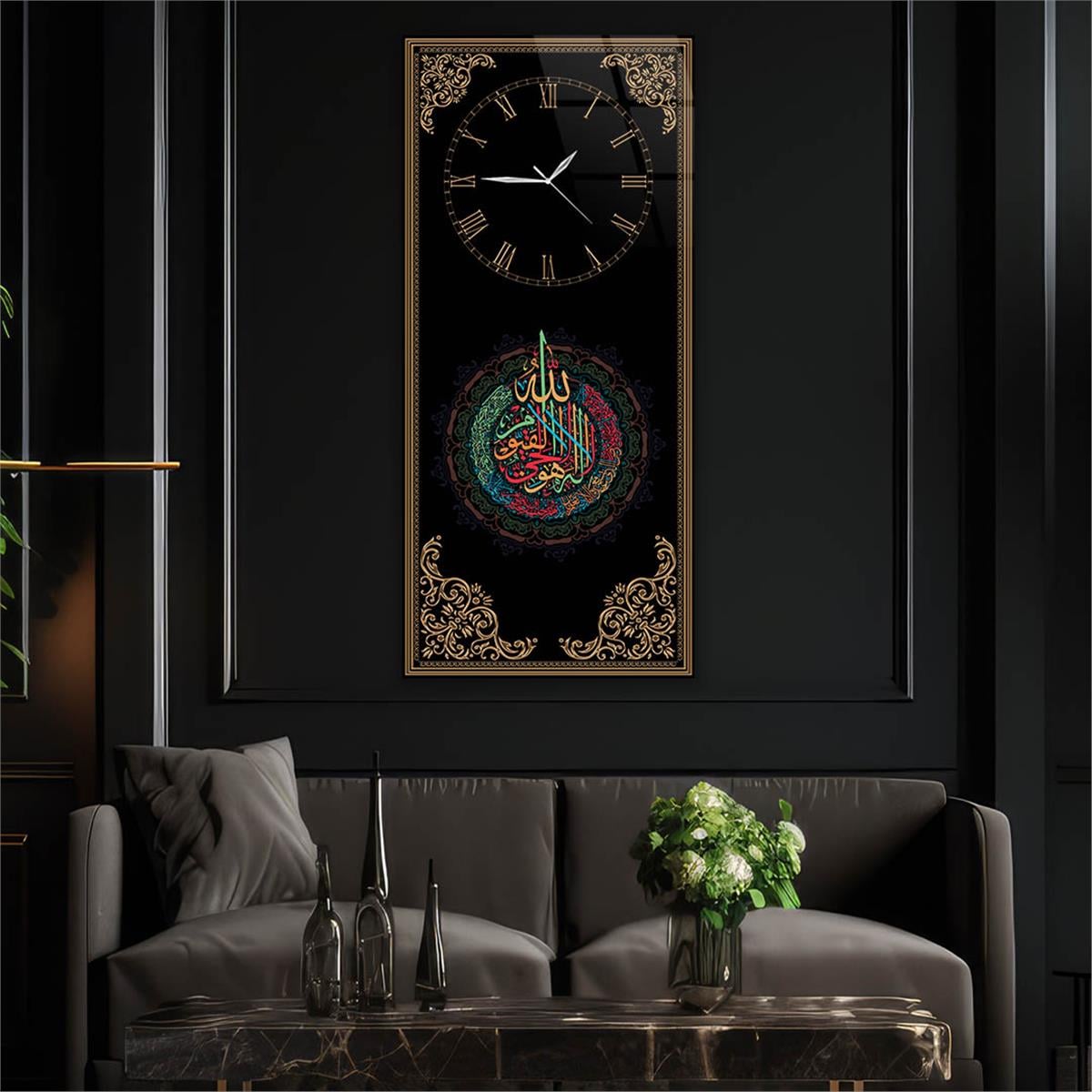 Tableau en verre à thème religieux vertical avec horloge en haut 031