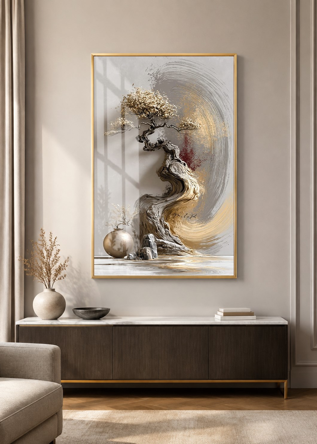 Zen Esintili Gold Bonsai Alüminyum Çerçeveli Modern Cam Duvar Tablosu