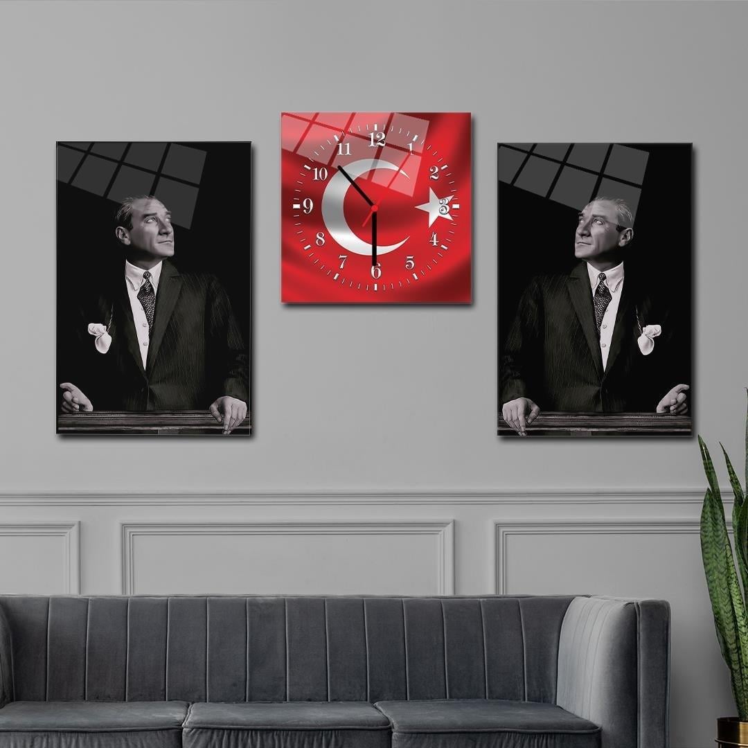  MUSTAFA KEMAL ATATÜRK Tempered Glass Wall Art Set with Clock