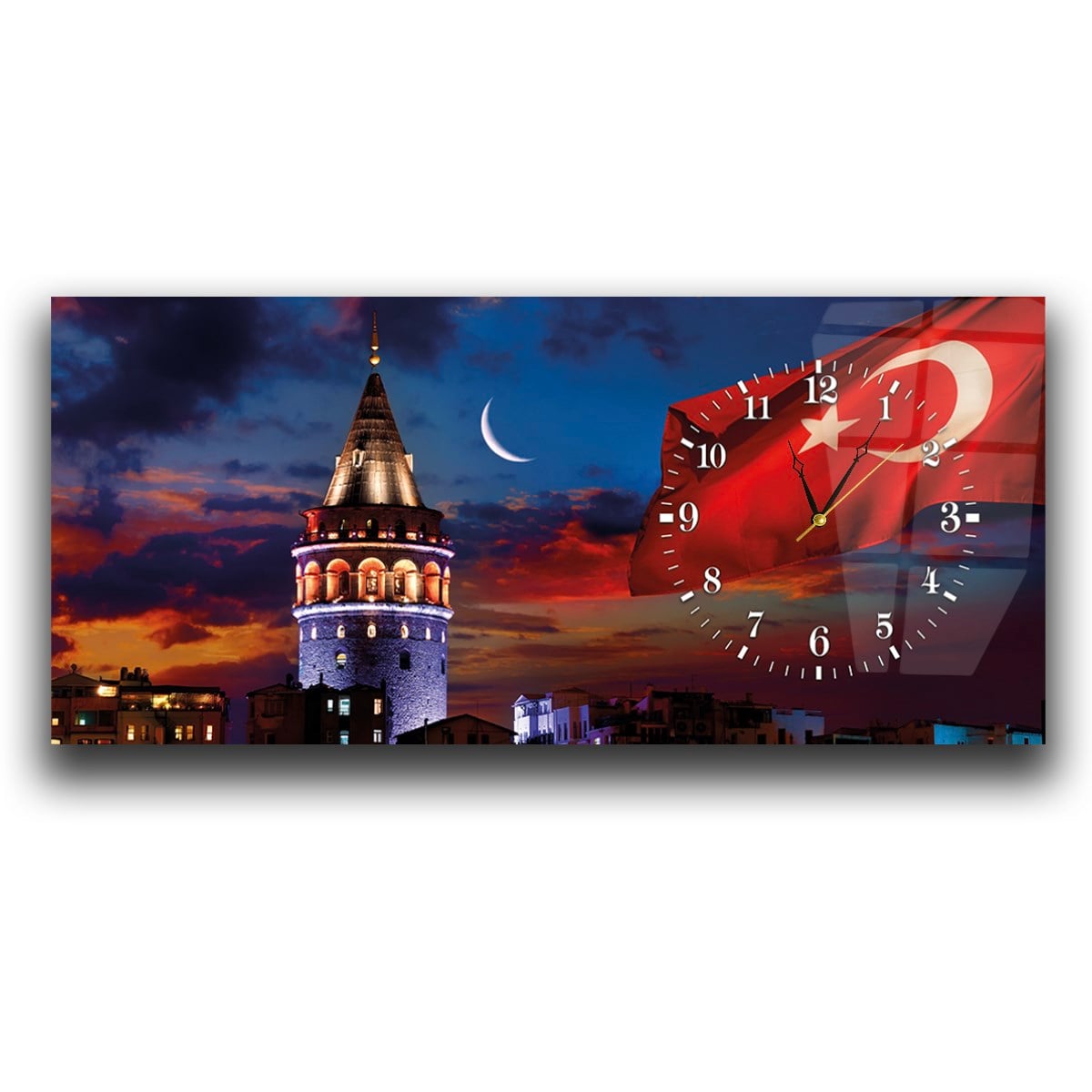 Yatay Saatli Yandan Vatan Temalı Cam Tablo 015