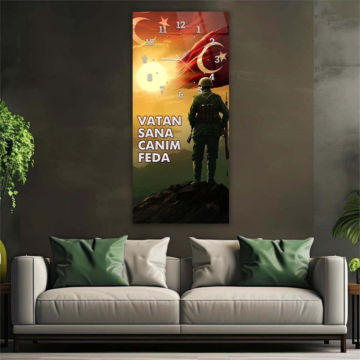 Vertical National Themed Glass Wall Art with Clock at the Top 048
