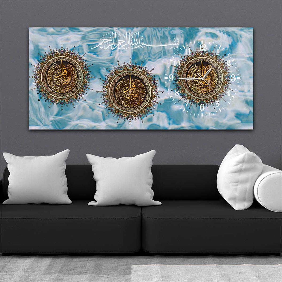 Horizontal bedrucktes Glas mit Religionenthema und einer Uhr an der Seite 062