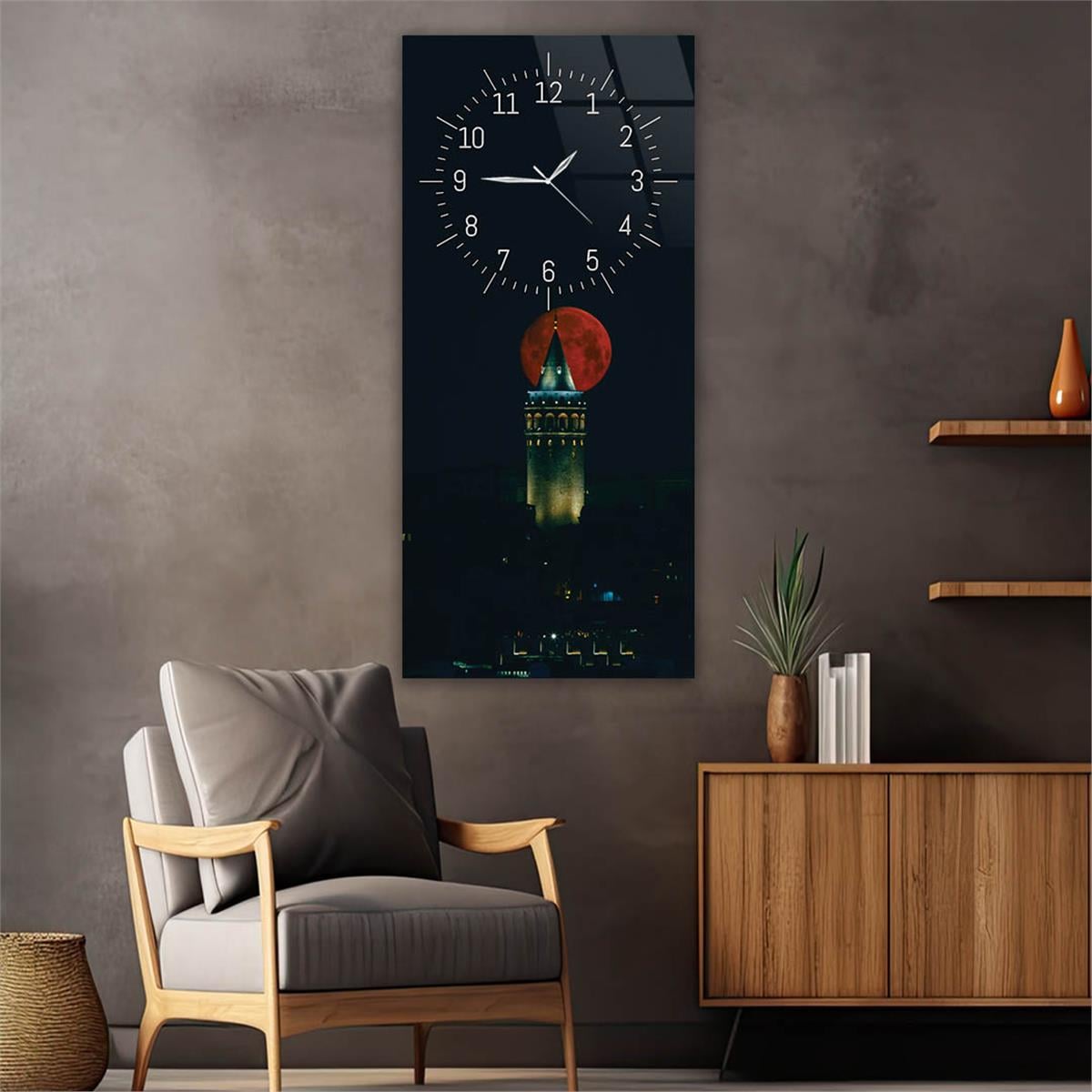 Tableau en verre à thème art et nature vertical avec horloge en haut 056