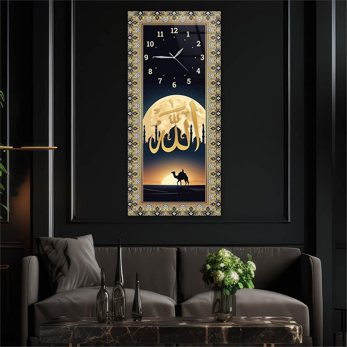 Vertical Religious Themed Glass Wall Art with Clock at the Top  041