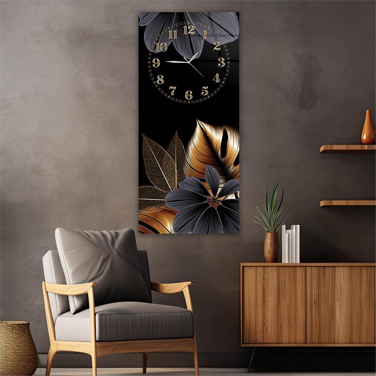 Tableau en verre à thème art et nature vertical avec horloge en haut 081