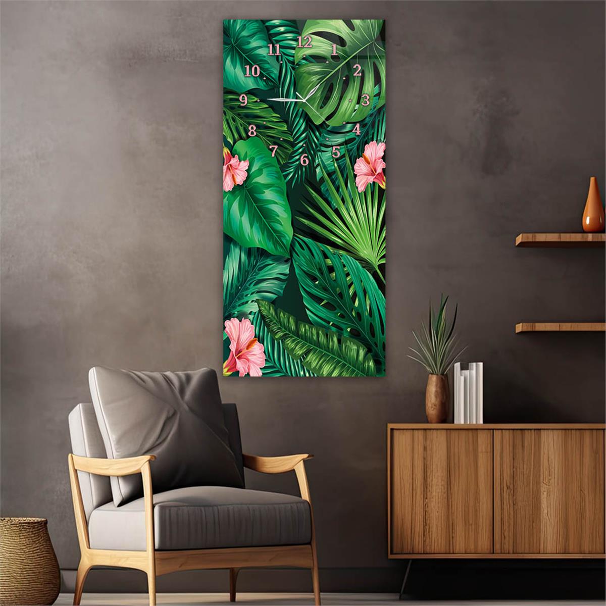 Tableau en verre à thème art et nature vertical avec horloge en haut 043