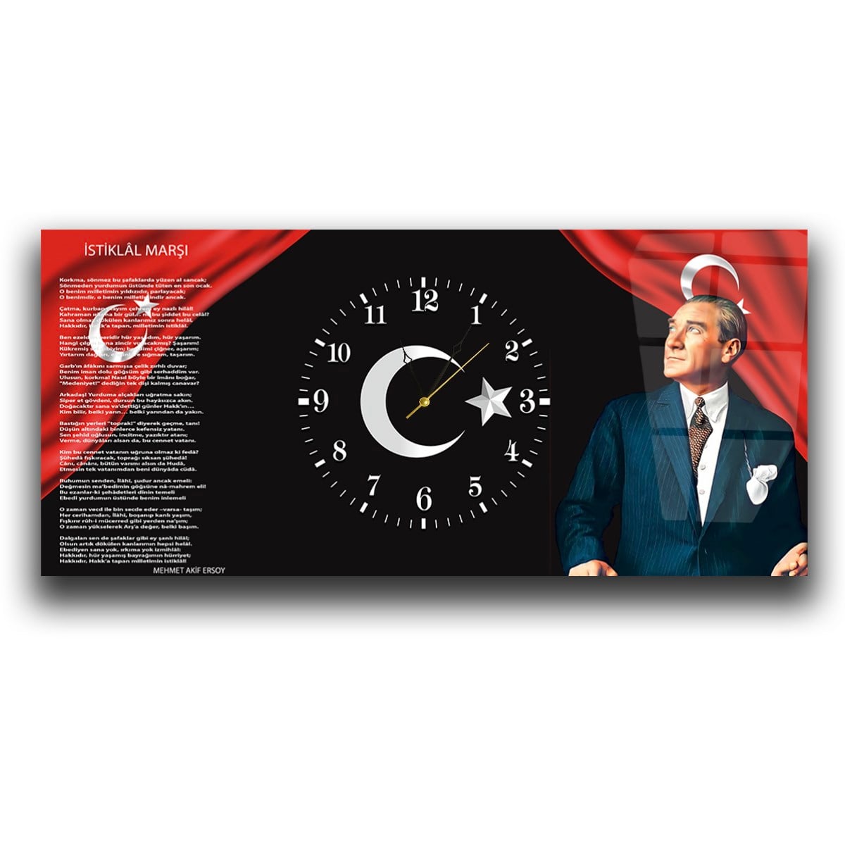Yatay Ortadan Saatli  Vatan Temalı Cam Tablo 007