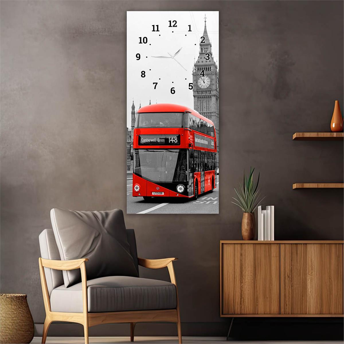 Dikey Üstten Saatli Sanat Temalı Cam Tablo 034