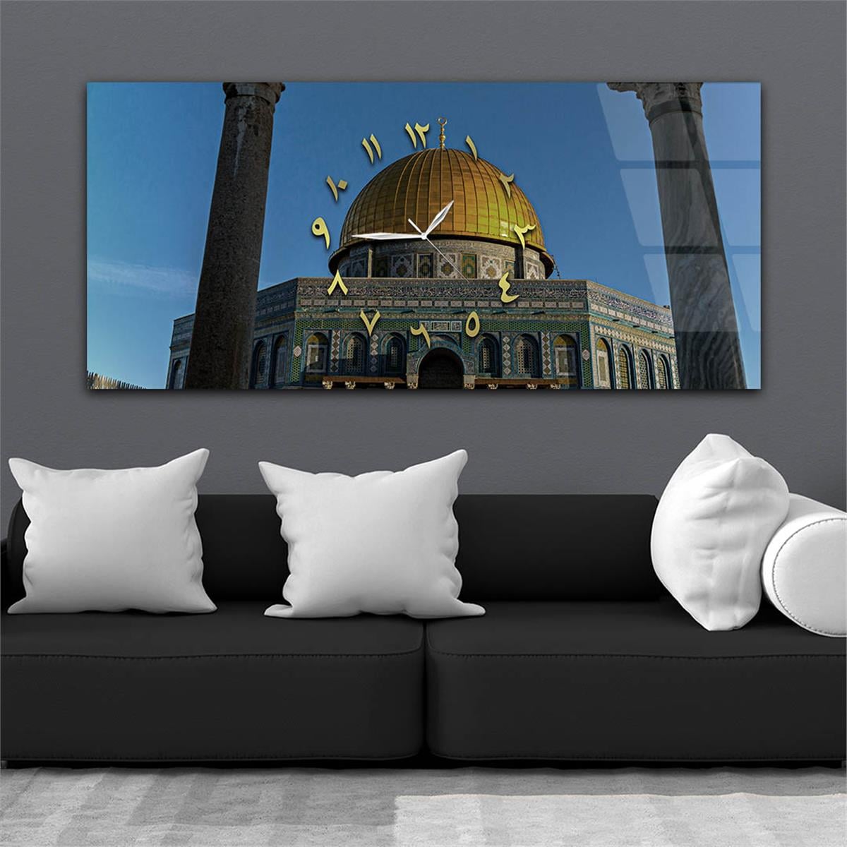 Horizontal bedrucktes Glas mit Religionenthema und einer Uhr in der Mitte 006