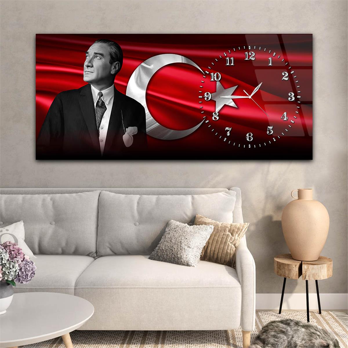 Yatay Saatli Yandan Vatan Temalı Cam Tablo 038