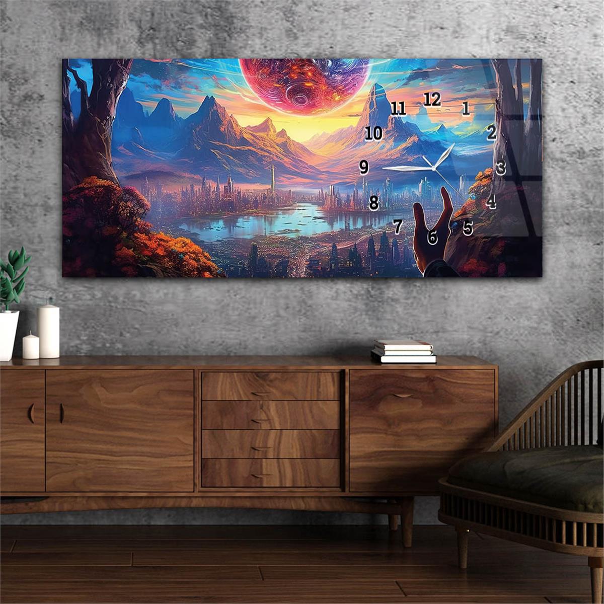 Horizontal bedrucktes Glas mit Kunst und Naturthema und einer Uhr an der Seite 206