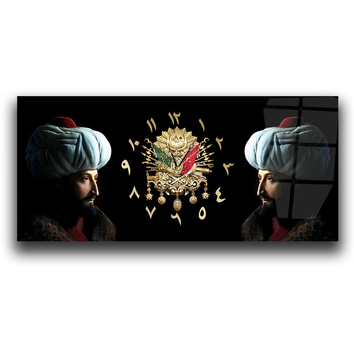 Fatih Sultan Mehmet ve Osmanlı Tuğralı Saatli Cam Tablo 078