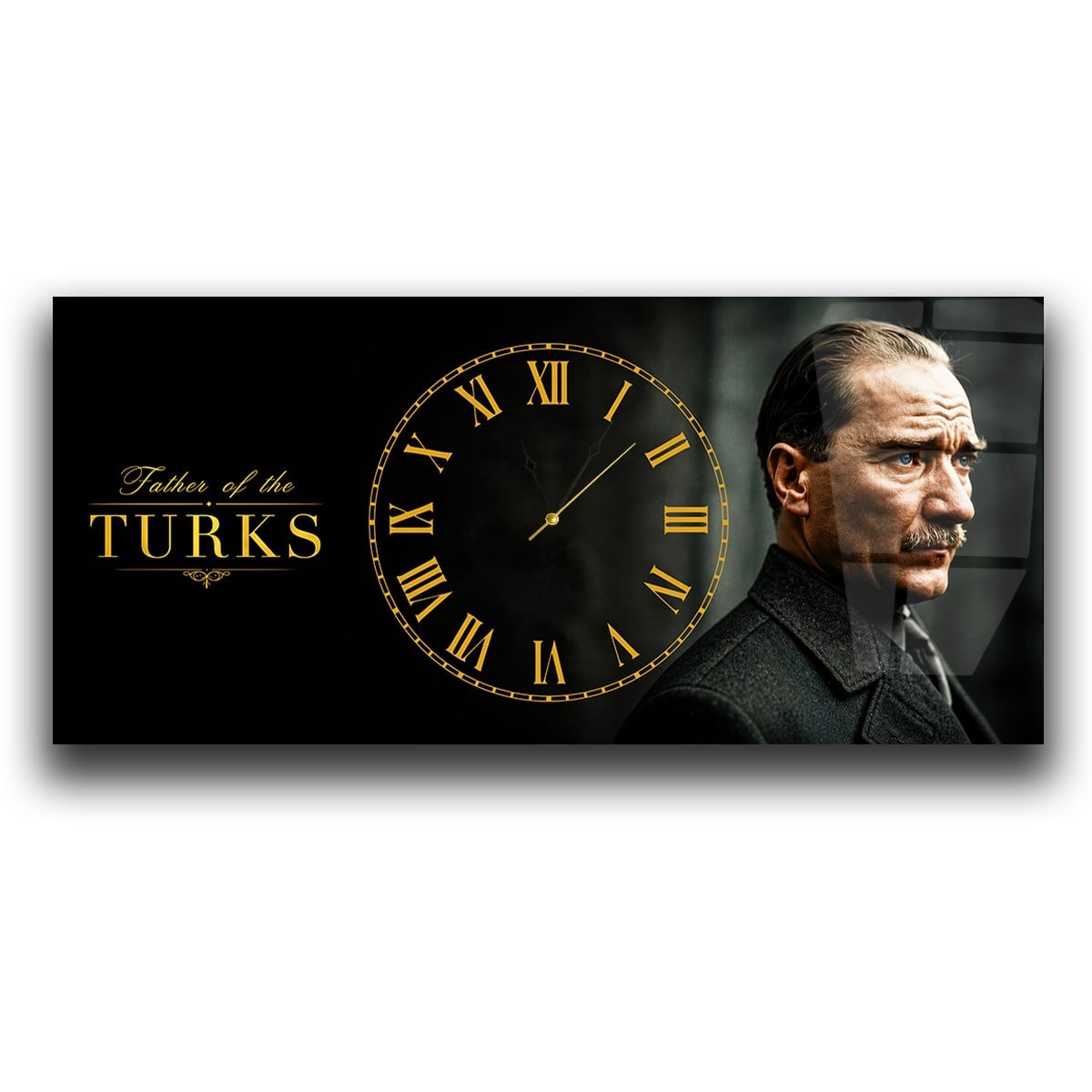 Yatay Saatli Ortadan Vatan Temalı Cam Tablo 171