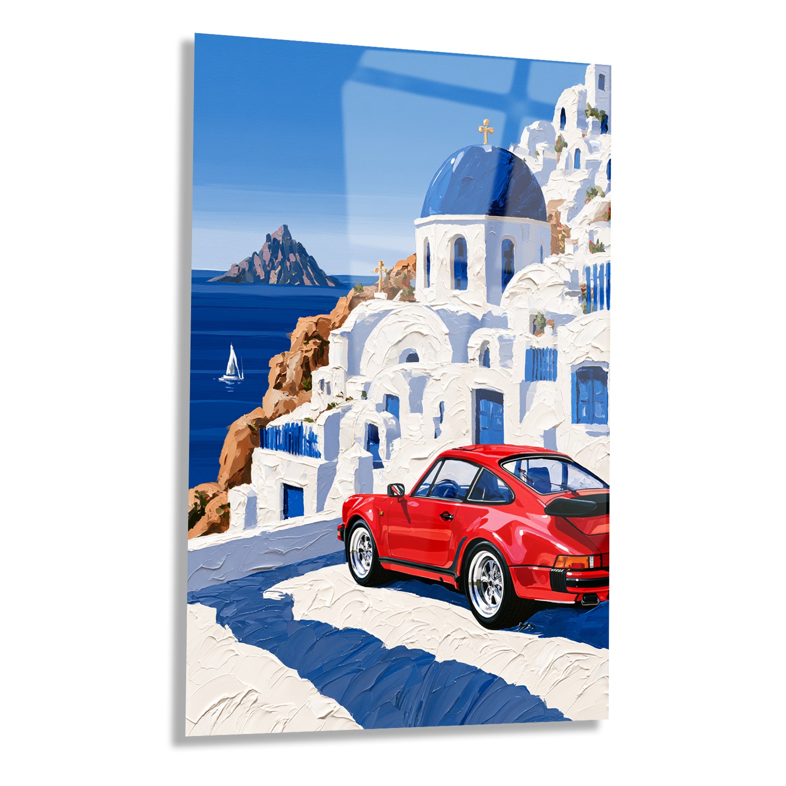 Kırmızı Klasik Porsche Santorini Cam Tablo