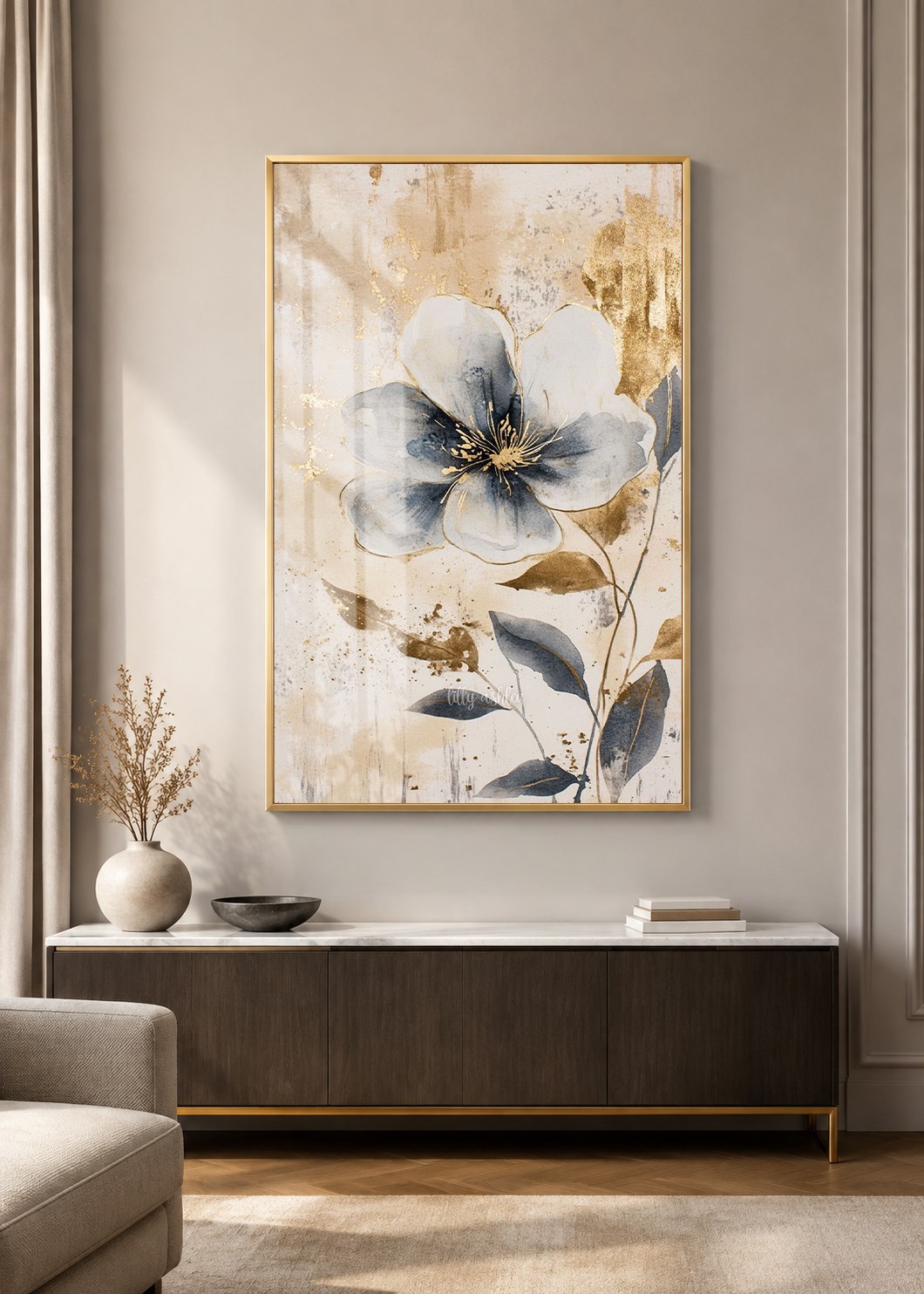 Gold Detaylı Mavi Çiçek Alüminyum Çerçeveli Modern Cam Duvar Tablosu