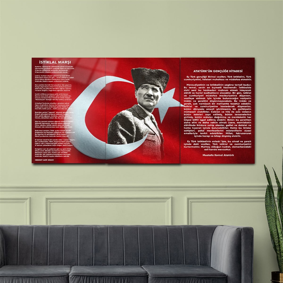 Atatürk, Independence March, and Youth Address Glass Wall Art Set