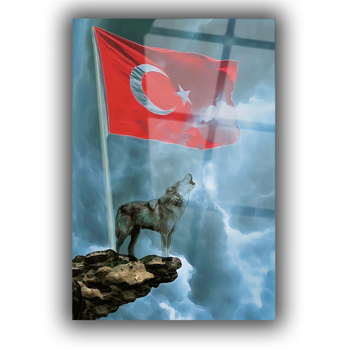 TÜRK BAYRAĞI VE KURT GÖRSELLİ CAM TABLO 