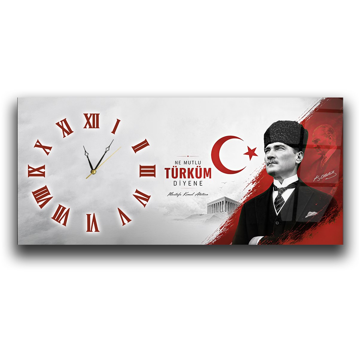 Yatay Saatli Yandan Vatan Temalı Cam Tablo 013