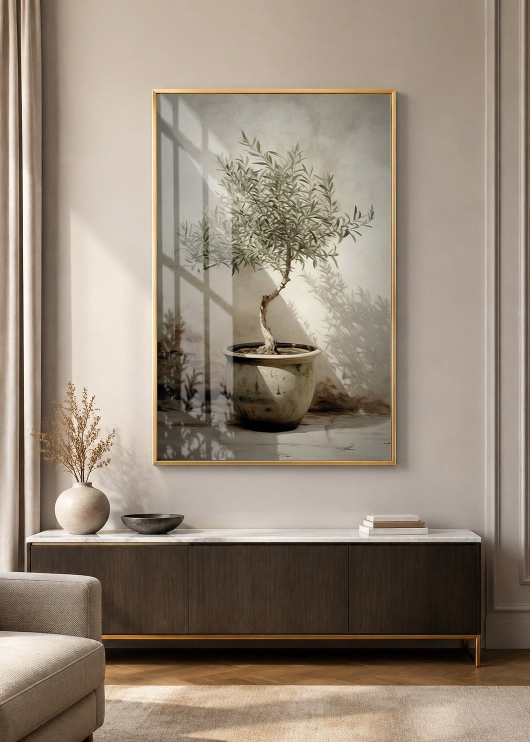 Minimal Zeytin Ağacı Alüminyum Çerçeveli Dekoratif Cam Duvar Tablosu