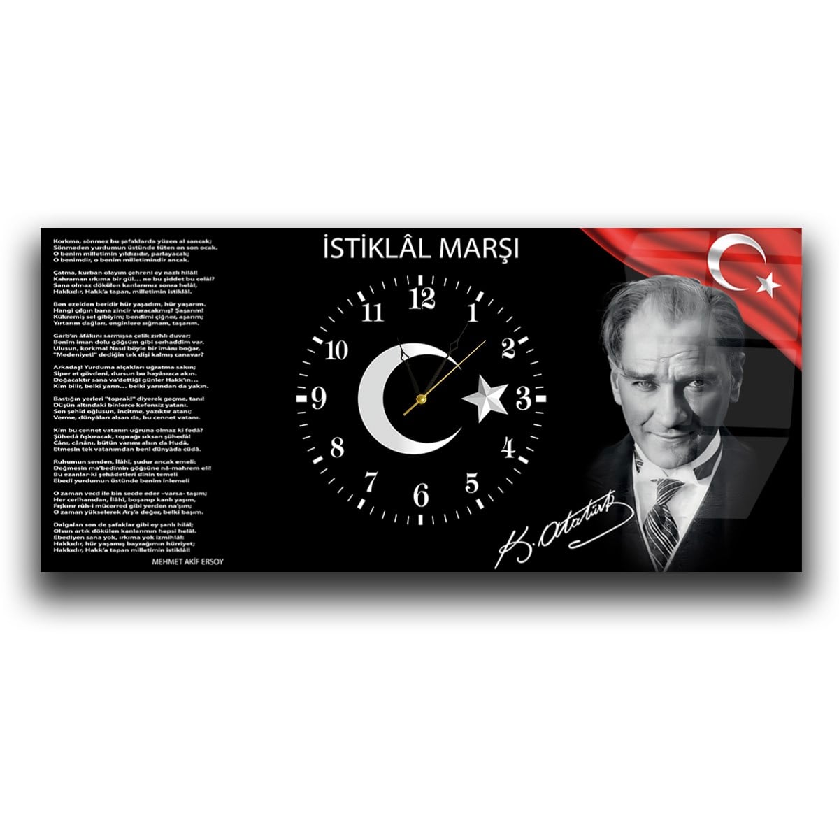 Yatay Ortadan Saatli  Vatan Temalı Cam Tablo 014