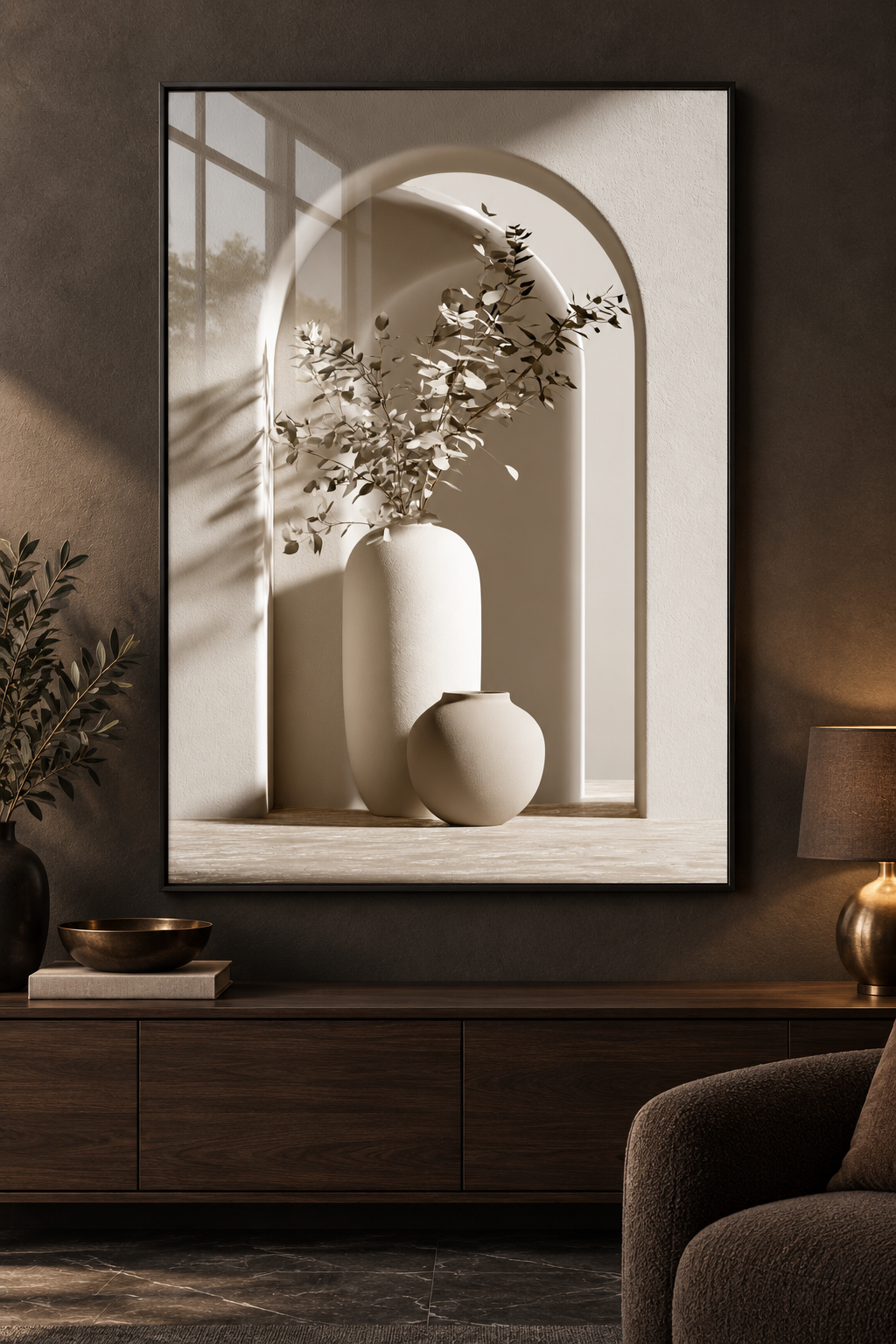 Modern Kemerli Minimalist İkili Vazo - Gerçek Cama Baskı Siyah Alüminyum Metal Çerçeveli Tekli Cam Tablo