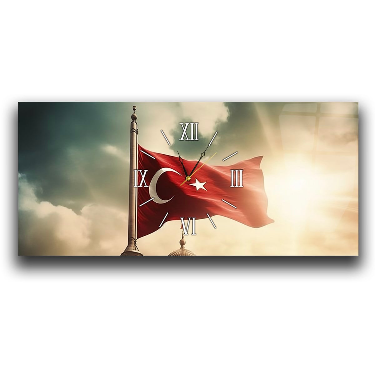 Bulutlar Arasında Dalgalanan Türk Bayrağı Saatli  Cam Tablo 080