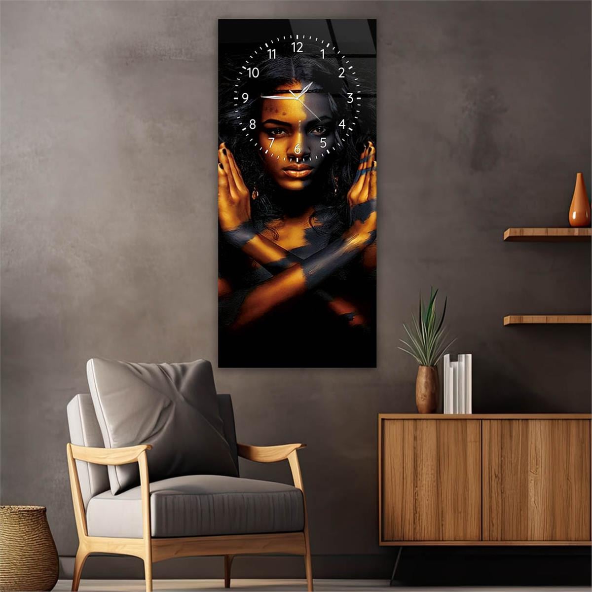 Vertical Art Themed Glass Wall Art with Clock at the Top 036