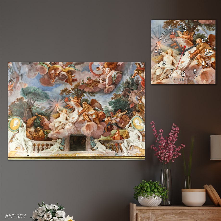 Tempered Glasss Wall Arts Art-Themed Set with Square Clock