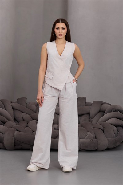 Çift Pileli Palazzo Bej Pantolon Yan Düğme Asimetrik Keten Yelek Takım