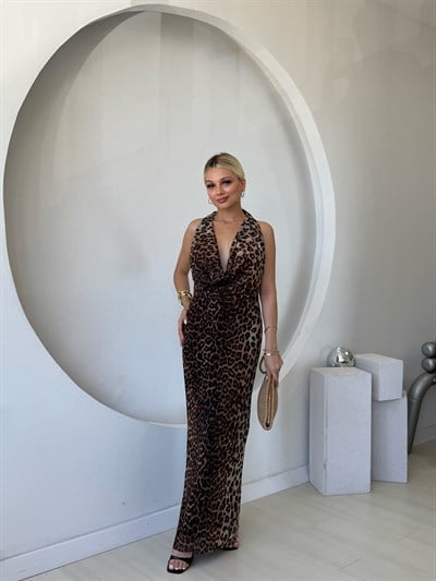 Degaje Yaka Leoparlı Tül Elbise