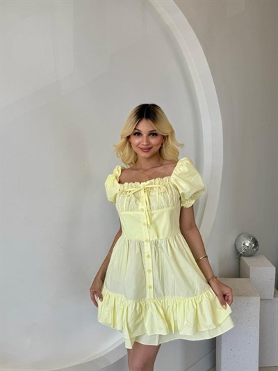 Kabarık Kol Ve Düğme Detaylı  Elbise Sarı
