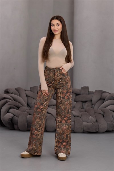 Karışık Desenli Yüksek Bel Geniş Paça Pantolon