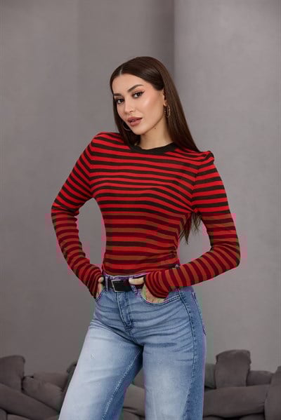 Kırmızı Çizgili Uzun Kollu Bluz