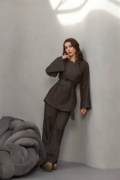 Kot Görünümlü Beli Kemerli Takım Kahverengi