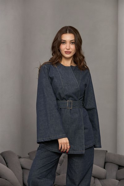 Kot Görünümlü Beli Kemerli Takım Lacivert