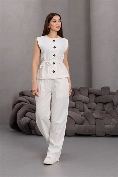 Kuşaklı Dokuma Yelek Kemer Detay Beyaz Yüksek Bel Pantolon Takım