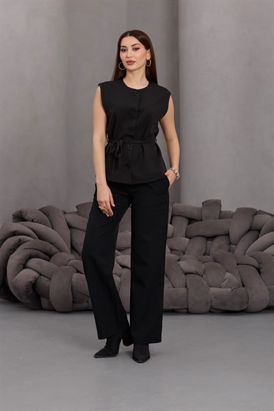 Kuşaklı Dokuma Yelek Kemer Detay Siyah Yüksek Bel Pantolon Takım